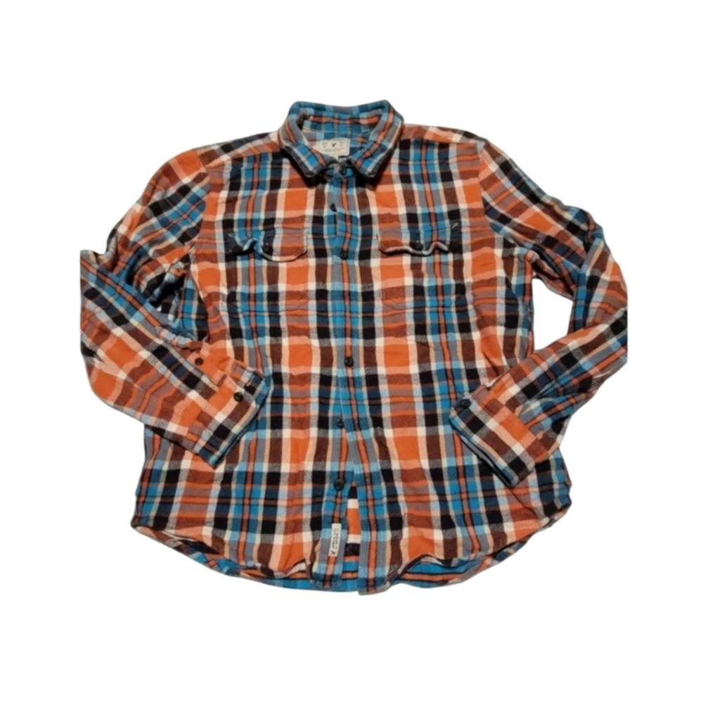 Vintage American Eagle 100% Cotton Orange Blue Plaid Flannel Shirt Size XXL